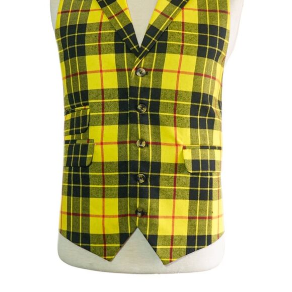 Mens 46R Wool Tartan Plaid Vest Yellow Black Red Waistcoat Formal Wedding Party - Picture 4 of 8